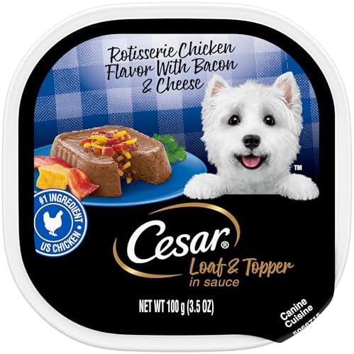 CESAR Adult Wet Dog Food Loaf & Topper in Sauce Rotisserie Chicken Flavor with Bacon & Cheese, 3.5 oz. Easy Peel Trays, Pack of 24