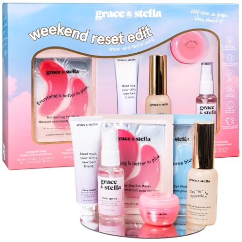 grace & stella Award Winning Weekend Reset Valentines Day Gifts - Birthday Gifts for Women with Eye Masks, Hyaluronic Acid Serum, Mud Mask & More, Bridesmaid Proposal Gifts - Vegan Skincare, Self Care