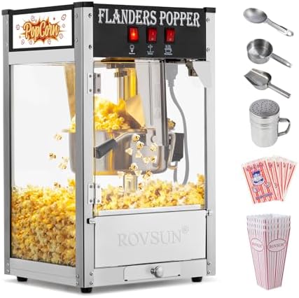 ROVSUN Popcorn Machine with 8 Ounce Kettle Makes Up to 32 Cups, Commercial Popcorn Machine Countertop Popcorn Maker w/Stainless Steel Scoop, Oil Spoon & 3 Popcorn Cups for Home Movie Theater, Black
