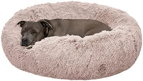 Furhaven 36" Round Calming Donut Dog Bed for Large/Medium Dogs, Refillable w/ Removable Washable Cover, For Dogs Up to 75 lbs - Shaggy Plush Long Faux Fur Donut Bed - Taupe, Large