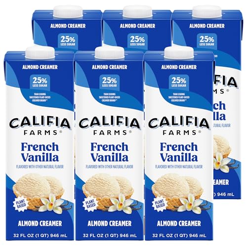Califia Farms - French Vanilla Almond Milk Coffee Creamer, 32 Oz (Pack of 6), Shelf Stable, Dairy Free, Plant Based, Vegan, Gluten Free, Non GMO, Almond Creamer