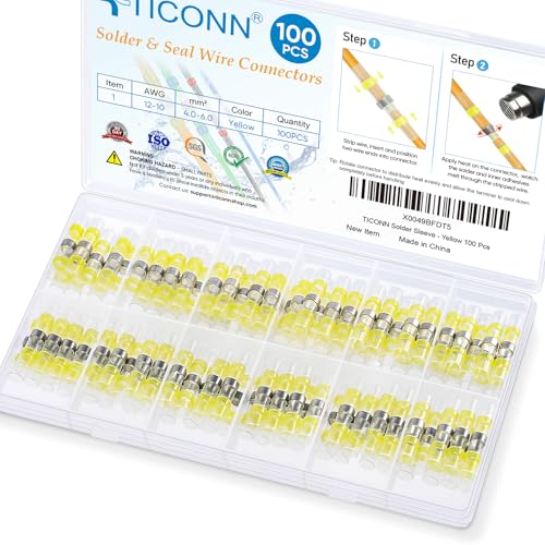 TICONN 100 PCS Solder Seal Wire Connectors, Heat Shrink Butt Connectors, Waterproof and Insulated Electrical Wire Terminals, Butt Splice (100PCS, Yellow)