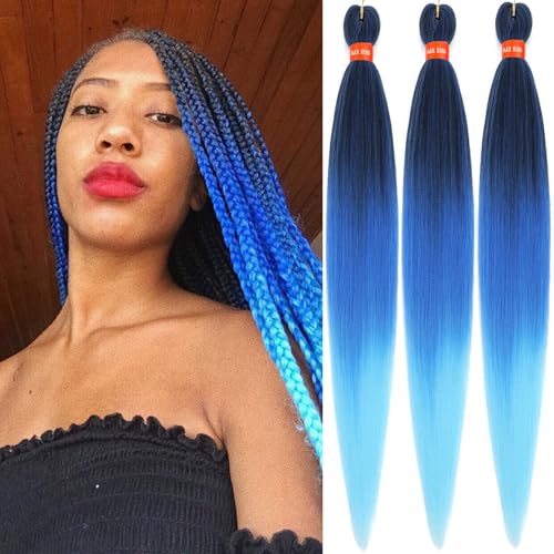 Ombre Blue Pre Stretched Braiding Hair 30 Inch Box Braid Hair Extensions 3 Packs Yaki Texture Pre Feathered Braids Hair Easy to Use