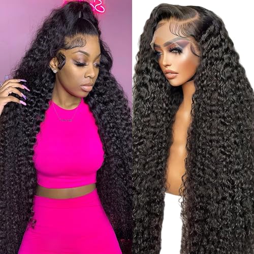 JTMMP 13x6 Deep Wave Lace Front Wigs Human Hair 200% Density 26 Inch Curly Human Hair Wig for Women Natural Black HD Transparent Lace Glueless Frontal Wigs Human Hair Pre Plucked with Baby Hair