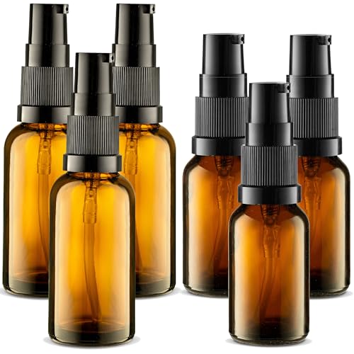 6 Pack, 3 30ml (1oz) & 3 15ml (0.5oz) Empty Refillable Glass Amber Pump Bottle Ideal for Lotion Cream Essential Oil Travel Small Container, Convenience Pack