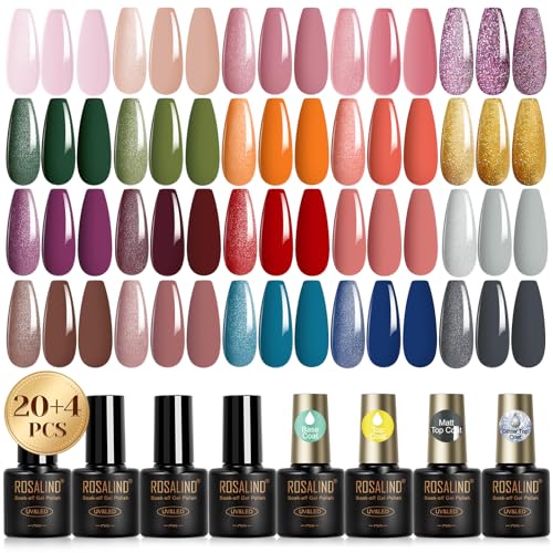 ROSALIND 24PCS Gel Nail Polish Set with Glossy Glitter Matte Top Base Coat, Fall Gel Polish Collection Brown Pink Nude Gel Polish Set