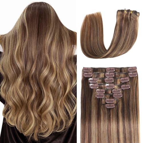 Clip in Hair Extensions Real Human Hair, Seamless Clip ins Real Human Hair for Women, Balayage Remy Human Hair Clip in Extensions, Double Weft 8pcs 22 inch Chocolate Brown to Caramel Blonde