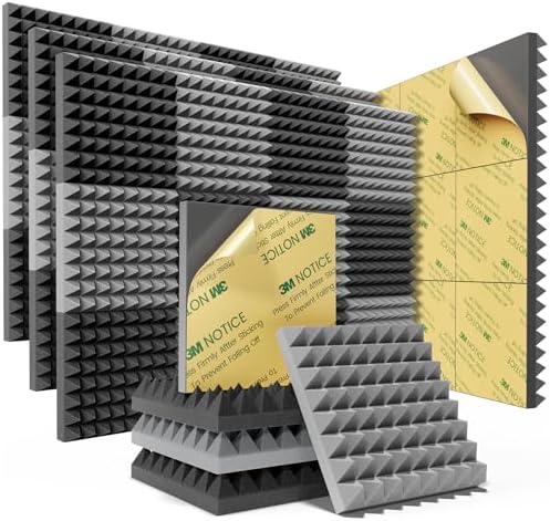 Sonicism 48 Pack Pyramid Sound Proof Foam Panels with Self-Adhesive, 12" X 12" X 2" Acoustic Panels of High Density, Soundproof Wall Panels Fast Expand, Sound Absorption and Decoration Black/Gray