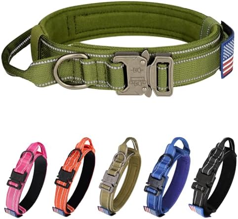 KCUCOP Tactical Dog Collar for Medium & Large Dogs - Military Nylon Heavy Duty Collar with Handle, Reflective Strip & Metal Buckle for Training, Outdoor (Green Reflective, Large)