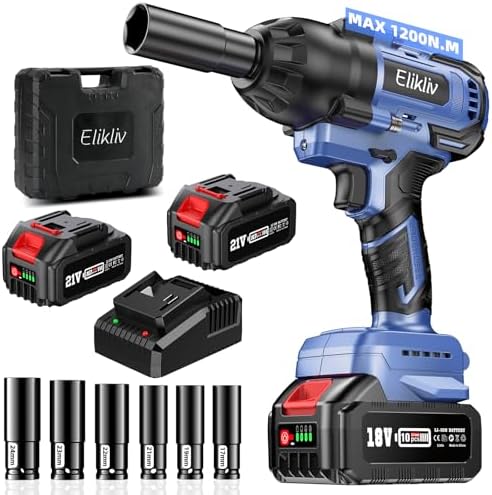 1200 N.m Cordless Impact Wrench 1/2 Inch, 900 Ft-lbs High Torque Brushless Power Impact Gun, 2x5000 mAh Battery, Fast Charge & 6 Sockets, Electric Heavy Duty Impact Driver for Home Car Tires Truck