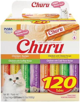 INABA Churu Cat Treats, Lickable, Squeezable Creamy Purée with Vitamin E, 0.5 Ounces per Tube, 120 Tubes Total, Chicken Variety