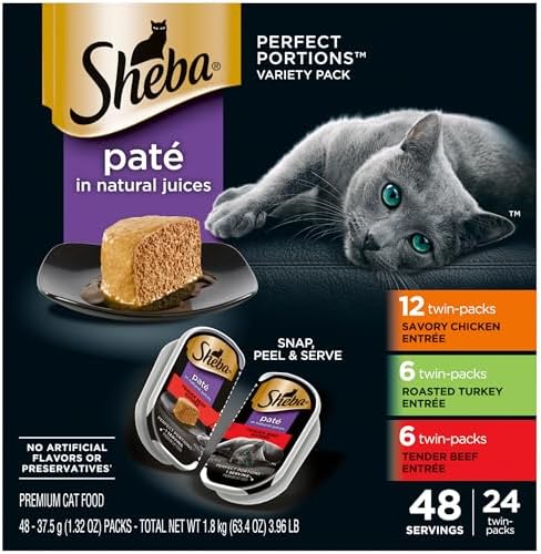 Sheba Perfect Portions Wet Cat Food Pate, Savory Chicken Entree, Roasted Turkey Entree, and Tender Beef Entree Variety Pack, 2.6 oz. Twin Pack Trays (24 Count, 48 Servings)
