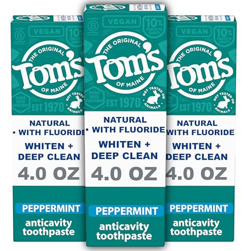 Tom’s of Maine Whiten Plus Deep Clean Whitening Toothpaste, Natural Whitening Toothpaste with Plant-Based Cleansers, Enamel Safe, Whitens Without Causing Sensitivity, Peppermint, 4.0 oz (Pack of 3)