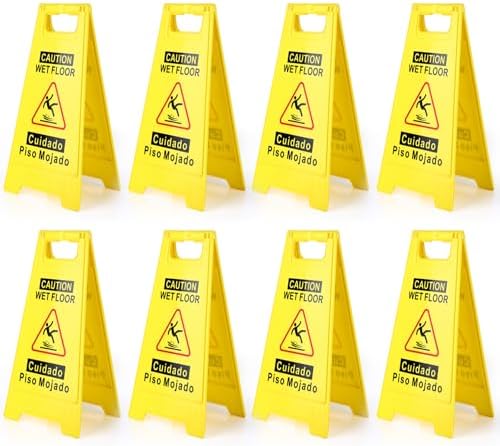 8-Pack Caution Wet Floor Sign,17.5" Height,Bright Yellow Double-Sided Folding A-Shaped Frame Design, Bilingual Caution Message