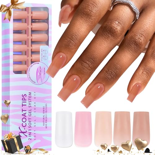 BTArtbox Gel Nail Tips Long Square - Press On Nails 600pcs 5 Colors XCOATTIPS Natural Fake Nails with Pre-applied Tip Primer Cover,Pre-colored 15 Sizes Soft Gel False Nails for Valentines Day Gift