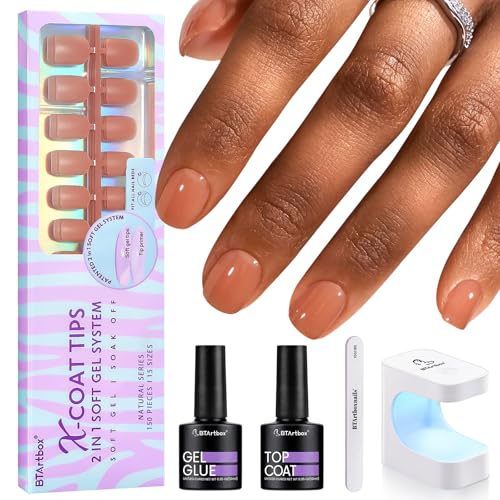 BTArtbox XCOATTIPS Gel Nail Kit - Extra Short Square Nail Tips Pre-applied Tip Primer, Gel Nail Glue, Top Coat, Brown Nail Extension Kit for Daily Nail Art