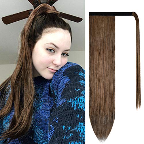 BARSDAR Straight Ponytail Extension - 24 Inch Long Straight Wrap Around Ponytail for Women Clip in Ponytail Extensions Synthetic Brown Pony Tails Hairpieces Daily - Darkest Brown mix Auburn