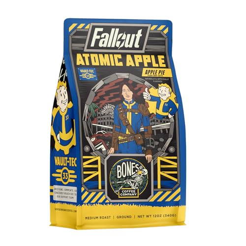 Bones Coffee Company Fallout Atomic Apple Flavored Coffee Beans, Medium Roast Ground Coffee Low Acid, Apple Pie Flavor (12 oz)