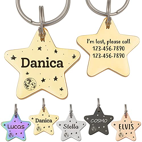 Anavia Starry Sky Theme Pet ID Tags in Half Moon & Star Shape, Personalized Dog Name Tag Cat Tag, Glossy Stainless Steel Gold Plated Black Rainbow Dog Collar Tag (Large, Star Shape, Gold)