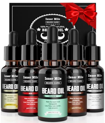 ISNER MILE Beard Oil 5 Pack, Stocking Stuffers Gifts for Men Him Dad Boyfriend, Mustaches Soften, Moisturize, Strength with Sandalwood, Bay Rum, Vanilla, Cologne, Unscented, Beard Grooming and Care