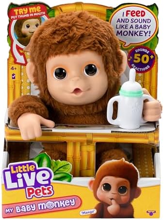 Little Live Pets My Baby Monkey - Adorable pet Monkey with Over 50 Sounds & Reactions. Expressive Moving Mouth. Mango Sucks his Thumb, Feeds from his Bottle, & Hangs from his Hands & feet!