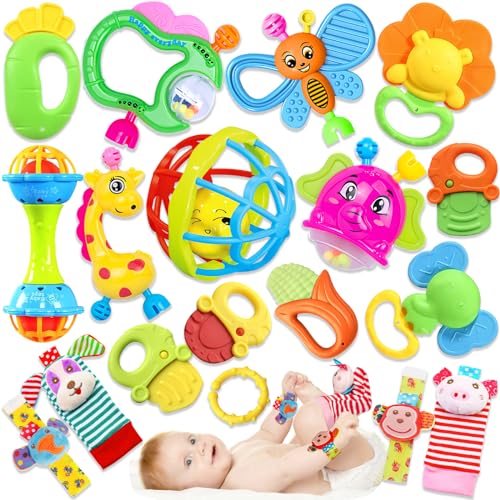 Baby Rattles Toys for 0-6 Months - 18 PCS Infant Toys 0-3 Month Old Baby Boy Girl Gifts Set with Teething and Wrist Socks Rattle Infant Newborn Sensory Toy