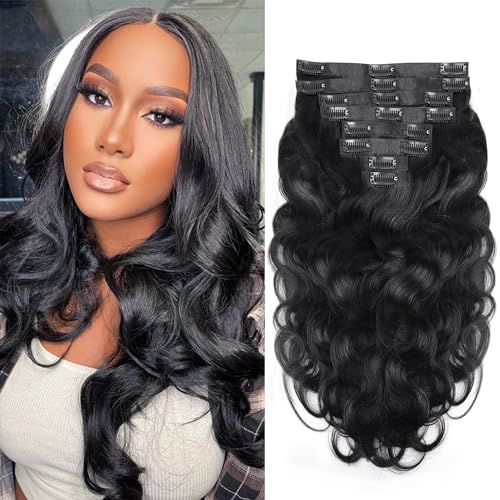 Seamless PU Clip In Hair Extensions Real Human Hair Invisible PU Skin Weft Body Wave Clip Ins 100% Unprocessed Human Hair Extensions 8pcs with 18Clips Per Set 120g(24inch,Natural Black)