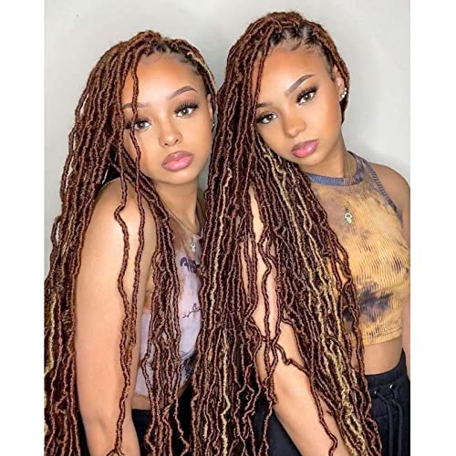 Leeven 30 Inch Boho Soft Locs 7 Packs Distressed New Faux Locs Crochet Braids Hair Brown Pre Looped Natural Butterfly Locs Messy Goddess Locs Curly Wavy Synthetic Hair for Women 15 Strands/Pack #30