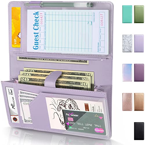 Server Book High Volume, Expandable Server Book,5"×9", Waitress Waiter Book, Leather Waitress Book with 2 Zipper Pockets and Magnetic Pocket, Server Books Server Booklet Fit Server Apron, Light Purple
