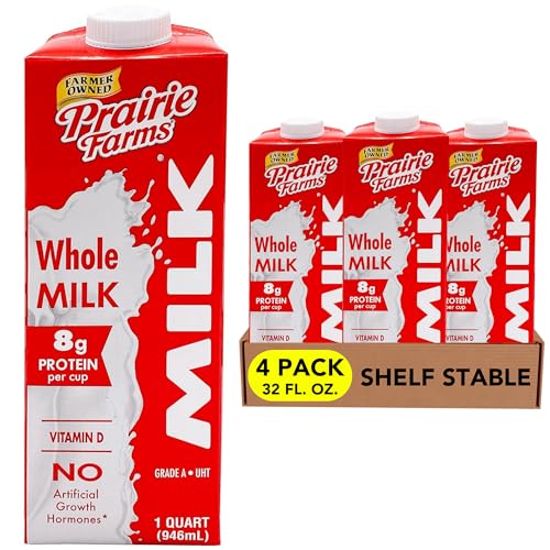 Prairie Farms Whole Milk, Shelf Stable, Boxed & Ultra Pasteurized (UHT), Vitamin D White Milk - Preservative and Hormone Free, Gluten Free, Kosher, Made in USA - 1 Quart (4 Pack)