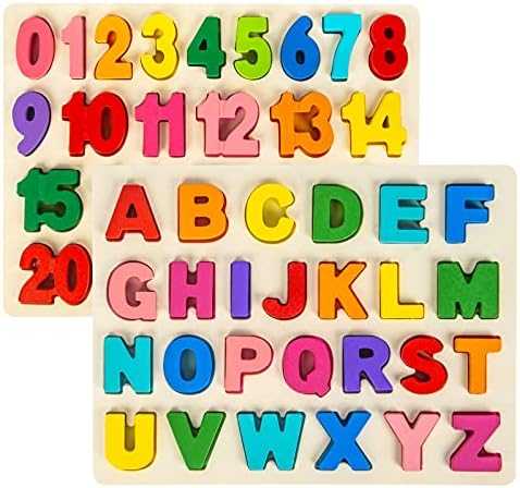 Attmu Wooden Puzzles for Toddlers, Alphabet Puzzle and Number Puzzle, 2 in 1 Preschool Educational Learning Toys with Chunky Wood ABC Puzzle Board, for Girls Boys Kindergarten Set of 2