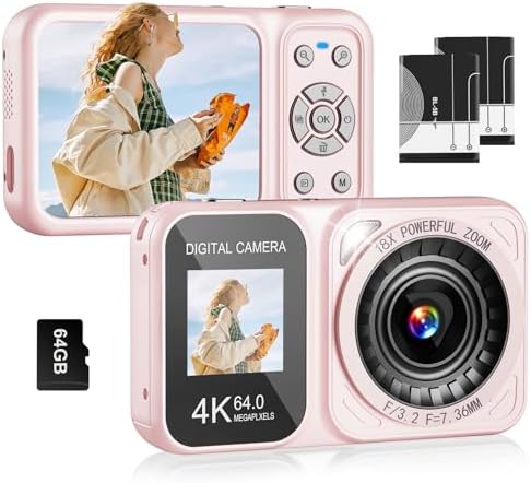 Digital Camera, 4K 64MP Dual Screens Camera, 18X Zoom, Point and Shoot Digital Camera with 64GB SD Card & 2 Batteries, Portable Rechargeable Small Camera for Kids Teens Adult, Pink