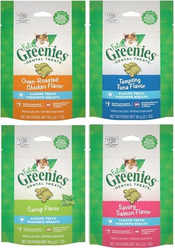 Greenies (4 Pack) Feline Dental Cat Treat Variety Bundle 4 Flavors - 2.1oz Each Bag, (1) Tempting Tuna, (1) Savory Salmon, (1) Oven Roasted Chicken, and (1) Catnip Flavor