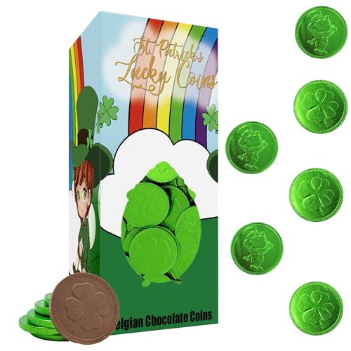 Saint Patrick's Day 1 Pound Shamrock Leprechaun Chocolate Green Coins, Premium Belgian Nut-Free Milk Chocolate, Kosher, Approx. 80 Coins