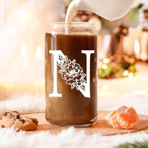 Coolife Initial Glass Cup, Monogrammed Gifts for Women, 16 oz Glass Cups w/Lids Straws, Iced Coffee, Smoothie, Beer Glass Tumbler w/Straw Lid - Personalized Christmas, Birthday Gifts for Her Mom