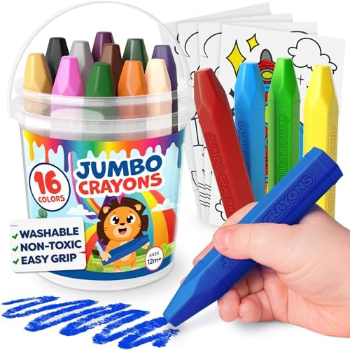 Jumbo Crayons For Toddlers 1-3 - 16pc Toddler Crayons For Kids Ages 4-8 1-3 2-4 - Large Crayons For Toddlers 1-3 With Printed & PDF Crayon Color Sheets - Non Toxic Washable Crayons - Toddler Coloring