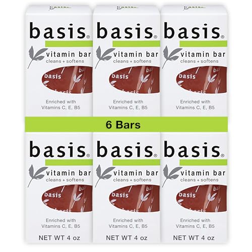 Basis Vitamin Bar Soap for Body, Hands and Face, Natural Soap Bar for All Skin Types with Vitamin C, E and B5, 4 Oz, Pack of 6