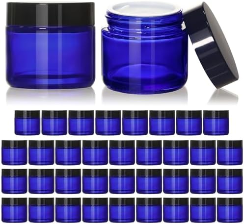KEYWING 2oz Small Glass Jars with Black Lids, 35 Pack Blue Round Glass Cosmetic Jars with Inner Liners for Cream, Lotions, Powders and Ointments
