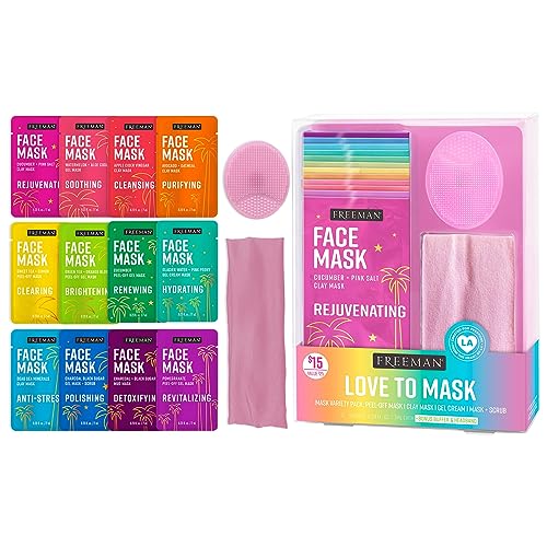 Freeman 14 Piece Love To Mask Variety Pack, Facial Masks For All Skin Types, Hydrate, Detoxify, & Clear Skin, Exfoliating Scrub, Bonus Headband and Skin Buffer, Face Masks Are Cruelty-Free & Vegan