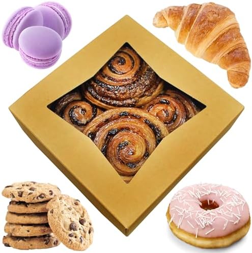 BAKELUV 8x8x2.5 Bakery Boxes with Window | Brown, 12 PCS | 8x8 Cookie Boxes 8x8 Cake Box, 8 Inch Bakery Boxes for Cinnamon Rolls, Treat Boxes, Dessert Boxes, Auto Pop Up
