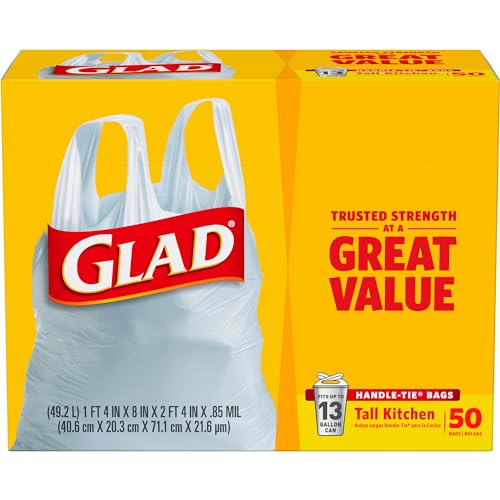 Glad Trash Bags, Tall Kitchen Handle-Tie Garbage Bags - 13 Gallon White Trash Bag - 50 Count (Package May Vary)