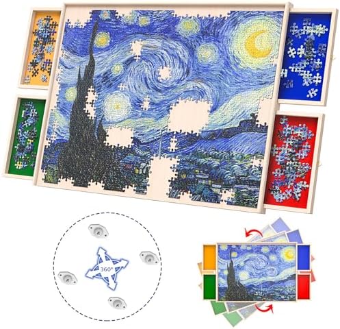 Rotatable 360-Degree Wheels Puzzle Board with Drawers and Cover 1000 Pieces Lightweight Portable Wooden Puzzle Table for Adults Kids 30'' x 22''