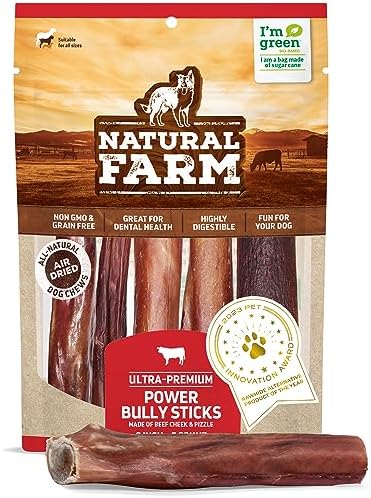 Natural Farm Power Bully Sticks Dog Chews (6”, 5-Pack), 2-in-1 Power Chews: Premium Beef Cheek Wrapped in Beef Pizzle, Long-Lasting, Great Dog Dental Treats Fro Small, Medium & Large Dogs