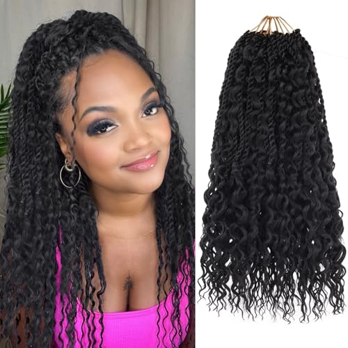 9 Packs Senegalese Twist Crochet Hair with Curls 14 Inch Boho Island Twist Crochet Hair Pre-Looped Natural Black Goddess Boho Twist Crochet Braids for Black Women Synthetic Braiding Hair 1B#