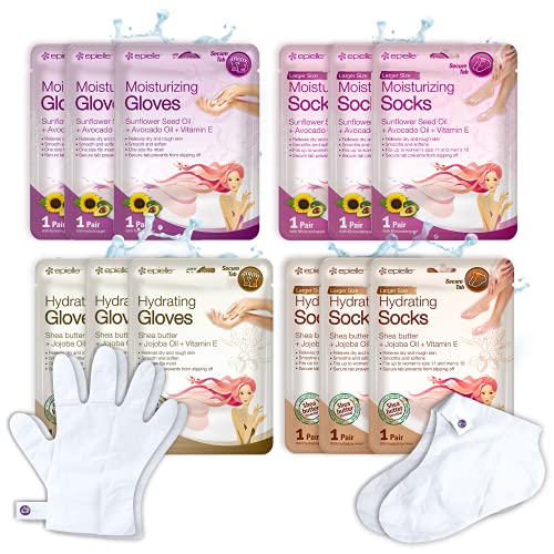 Epielle Hydrating & Moisturizing Gloves & Socks Masks Combo 12pk for Hand and Foot - Dry Hand, Dry Cracked Heel Mothers Day Gifts