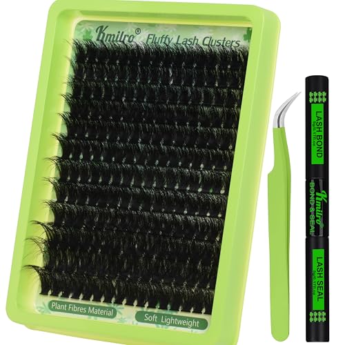 Kmilro Thick Lash Clusters Kit 14-24mm Long 240D Fluffy Cluster Eyelash Extensions Waterproof D Curl Volume Individual Lashes Kit with Bond and Seal Lash Tweezers 192Pcs Wispy DIY Eyelash Extension