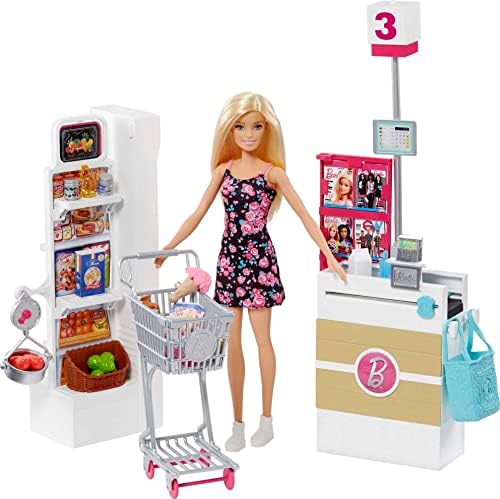 Barbie Doll & Playset, Supermarket with 25 Grocery Store-Themed Accessories Including Food, Check-Out Counter & Shelves