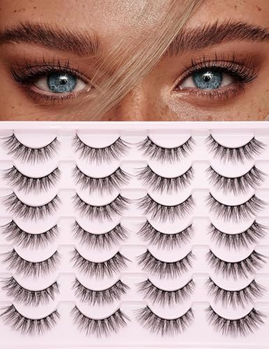 False Lashes Natural Look Eyelashes - 14 Pairs 14mm Faux 3D Mink False Eyelashes Natural Looking Fluffy Cat Eye Wispy Strip Lashes Pack by EMEDA (C002）