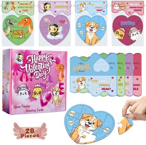 28 Pcs Valentines Day Gifts Cards for Kids Classroom, Toddlers School Heart Jigsaw Puzzle Set for Preschoolers Exchange, Valentine Puzzles Party Favor Supplies Prizes Toys for Boys&Girls 3-12