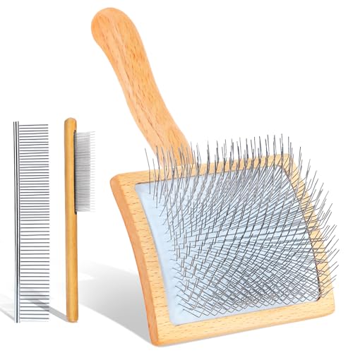 Large Dog Brush for Medium or Long Haired Dogs, Long Pin Slicker Brush for Removes Loose Hair, Tangles and Knots, Best Grooming Brush for Small Animals, Free Pet Comb, Wood